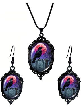 Vintage Gothic Raven Bat Witch Jewelry Set Cameo Necklace Earrings- A6:Raven